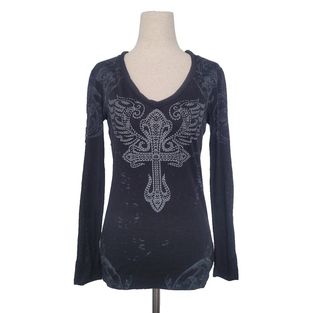 y2k gothic navy long sleeve studded angel wings with cutouts on sleeves and back